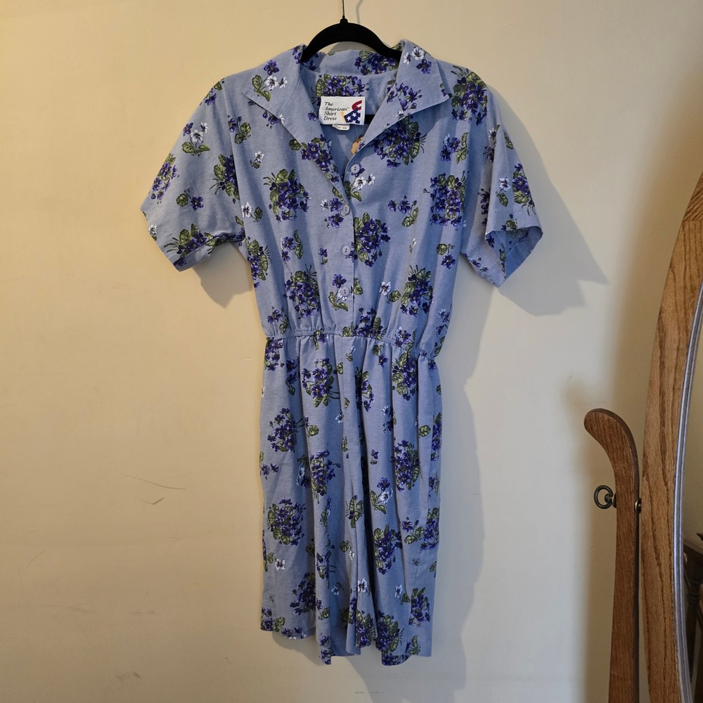 Vintage The American Shirt Dress Blue Floral Romper Button Front Elastic Waist